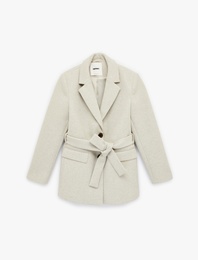 Uzun Kollu Cepli Kemer Detaylı Kruvaze Düğmeli Kısa Kaşe Mont