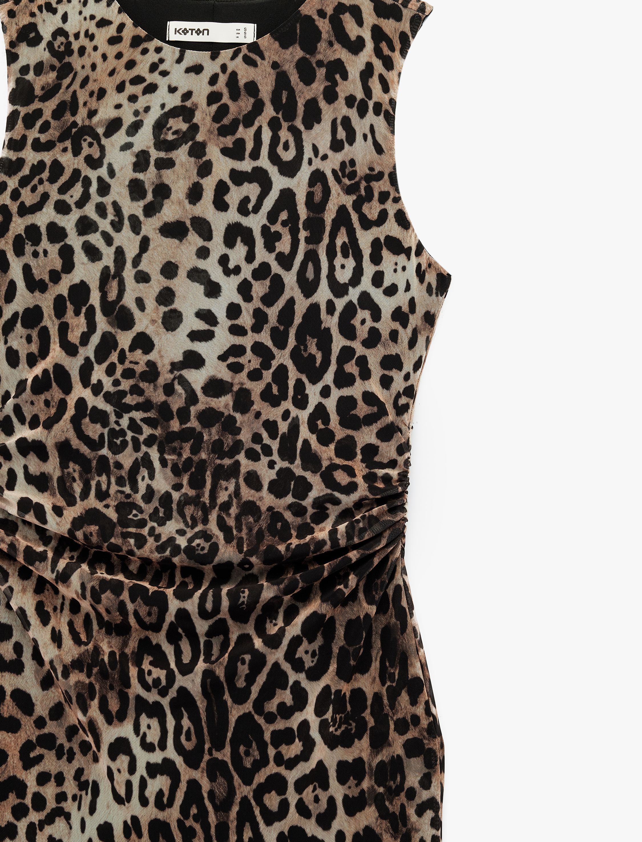   Yırtmaç Detaylı Yuvarlak Yaka Kolsuz Leopar Desenli Midi Elbise