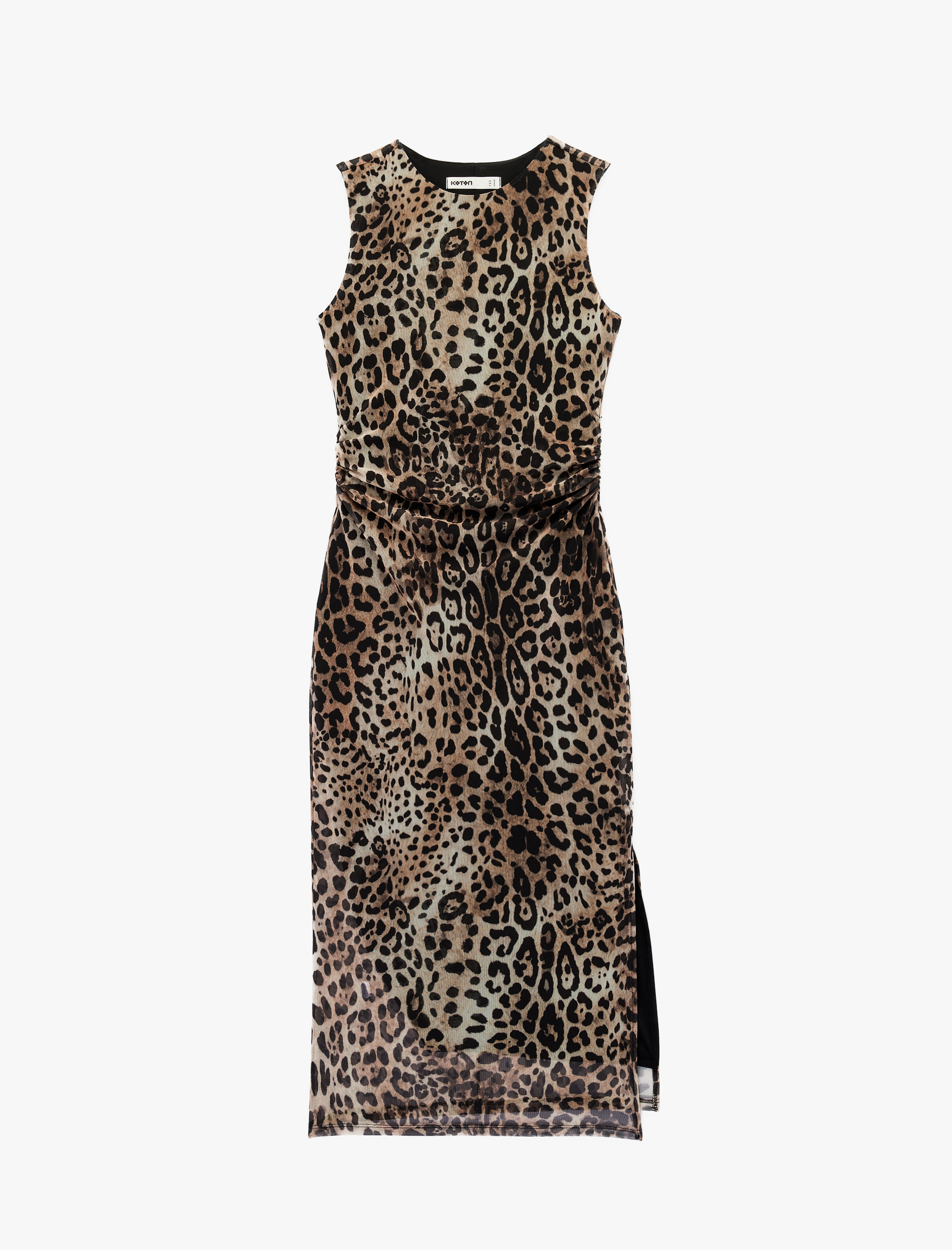   Yırtmaç Detaylı Yuvarlak Yaka Kolsuz Leopar Desenli Midi Elbise