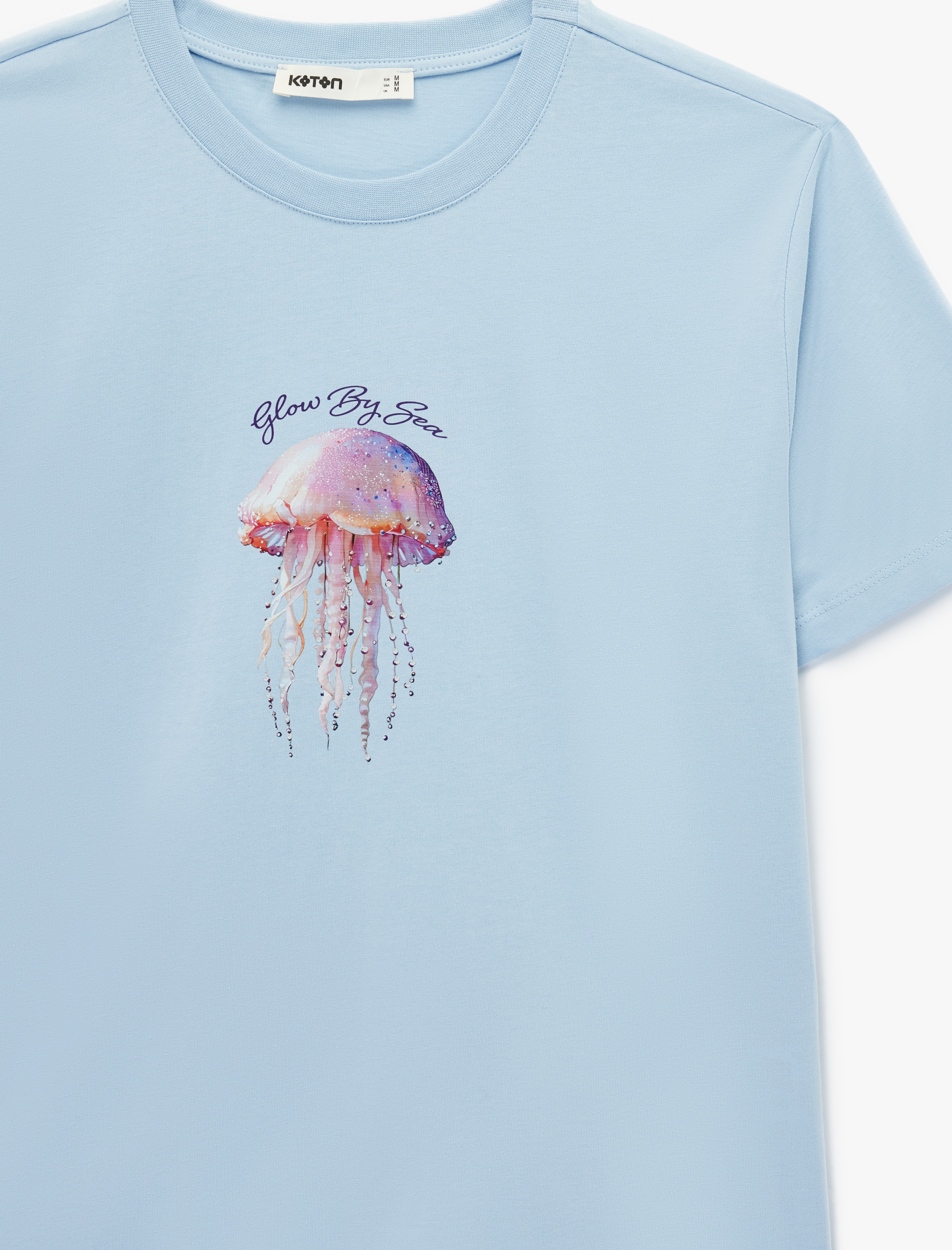   Pamuklu Kısa Kollu Bisiklet Yaka Baskılı Tişört