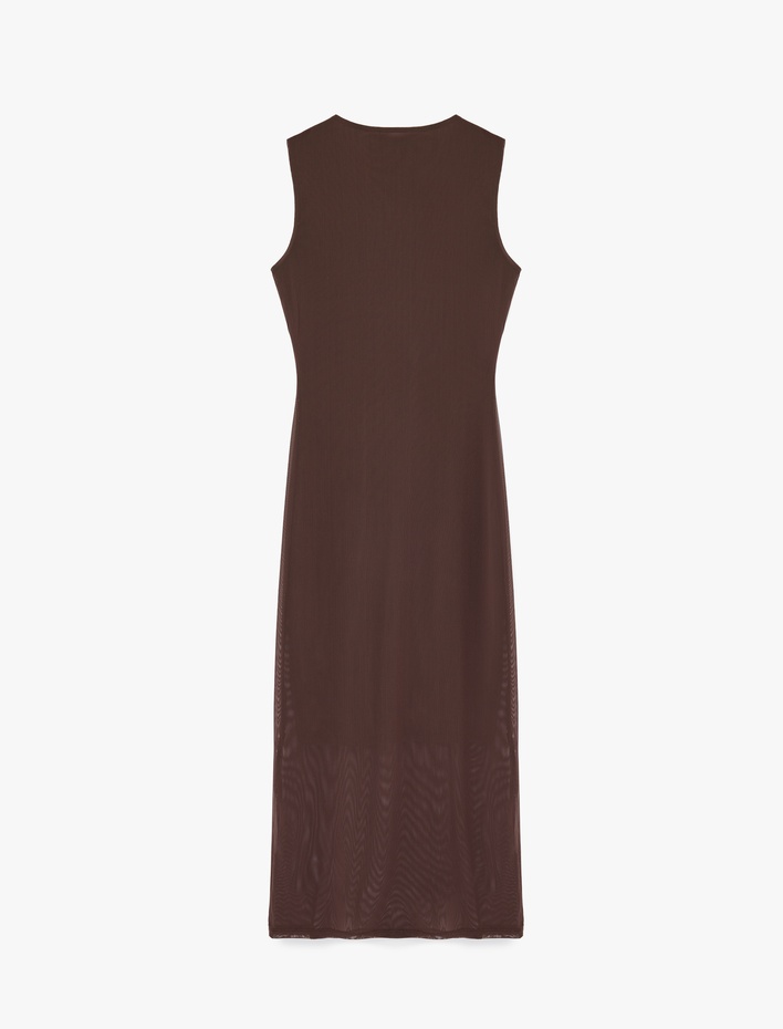  Slim Fit Kolsuz Bisiklet Yaka Tül Midi Kalem Elbise