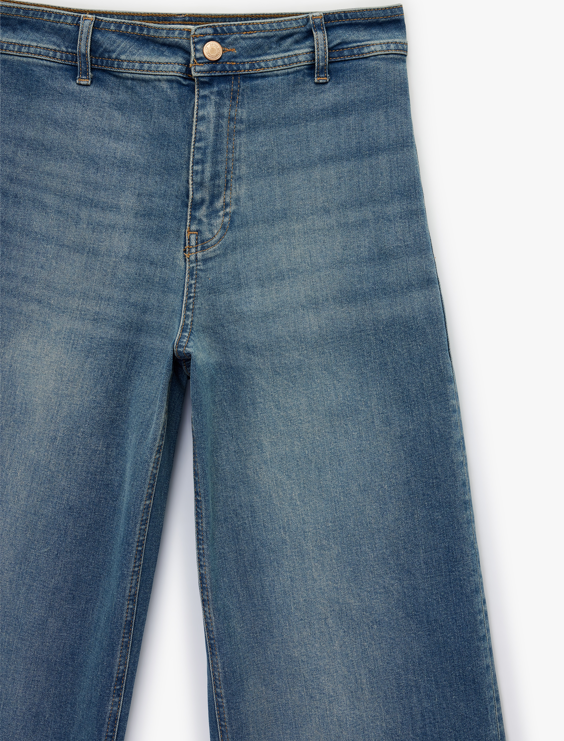   Yüksek Bel Cep Detaylı Rahat Kalıp Geniş Paça Denim Pantolon - Culotte Jeans