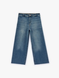 Yüksek Bel Cep Detaylı Rahat Kalıp Geniş Paça Denim Pantolon - Culotte Jeans