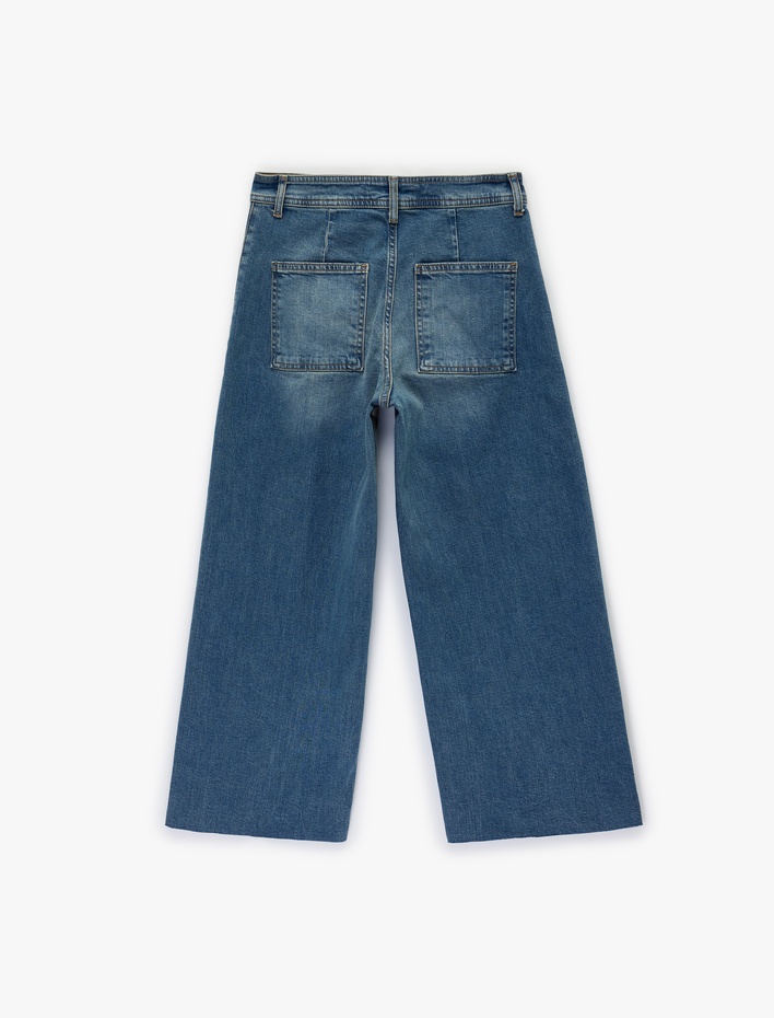  Yüksek Bel Cep Detaylı Rahat Kalıp Geniş Paça Denim Pantolon - Culotte Jeans