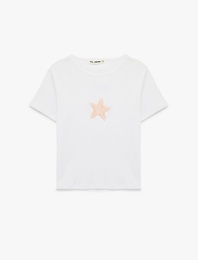 Slim Fit Kısa Kollu Yıldız Baskılı Bisiklet Yaka Pamuklu Taşlı Tişört