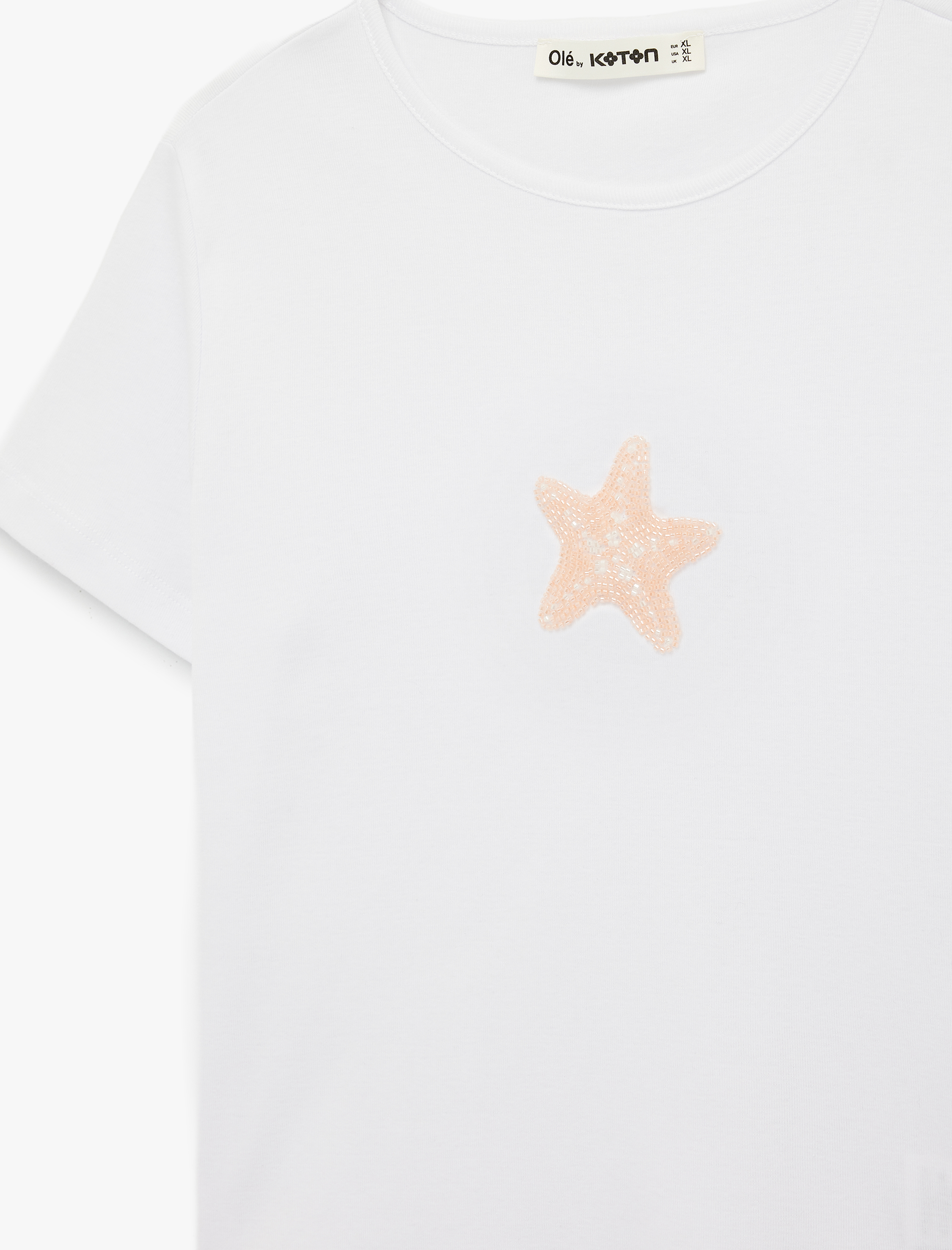   Slim Fit Kısa Kollu Yıldız Baskılı Bisiklet Yaka Pamuklu Taşlı Tişört