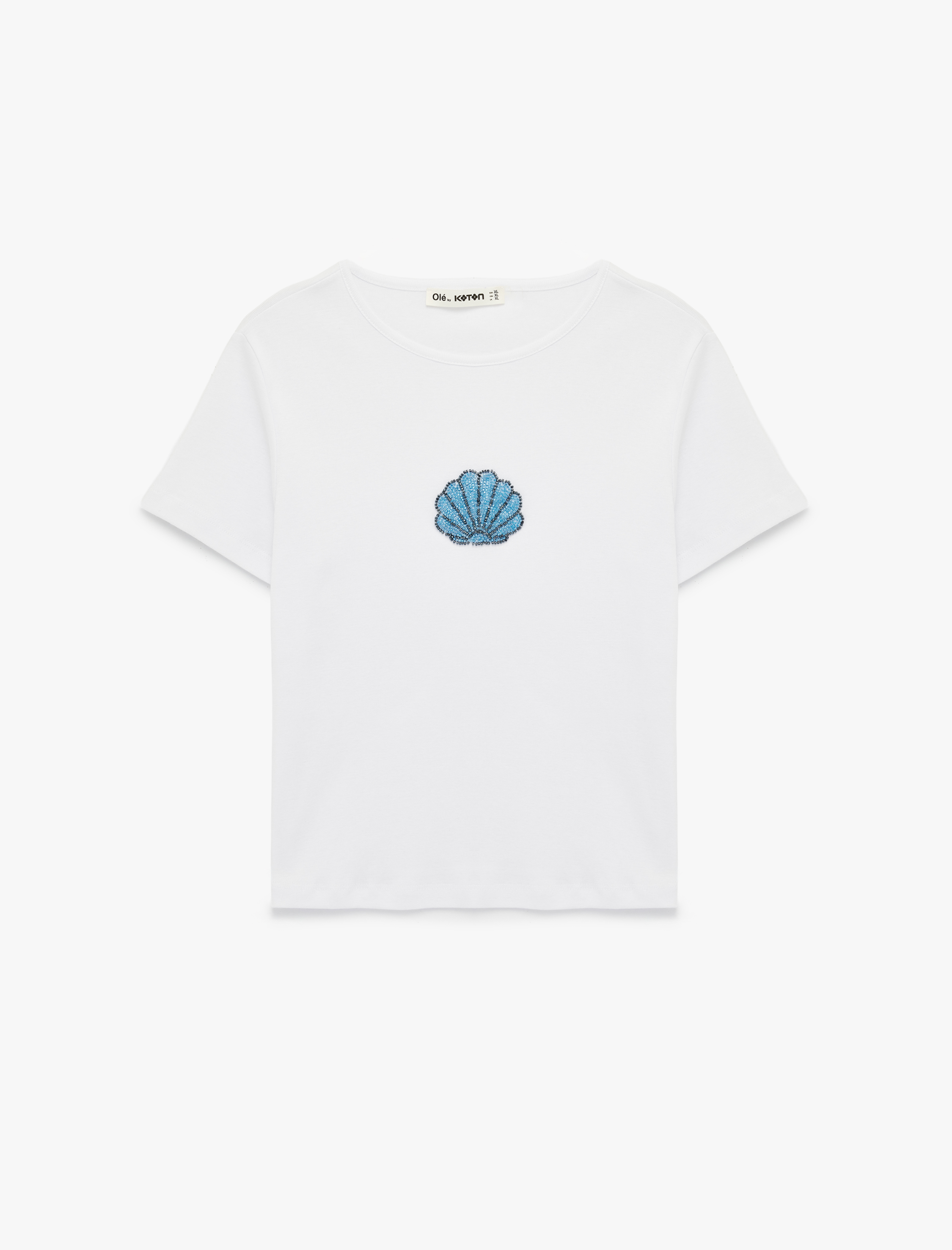   Slim Fit Bisiklet Yaka Kısa Kollu Deniz Kabuğu Baskılı Taşlı Tişört