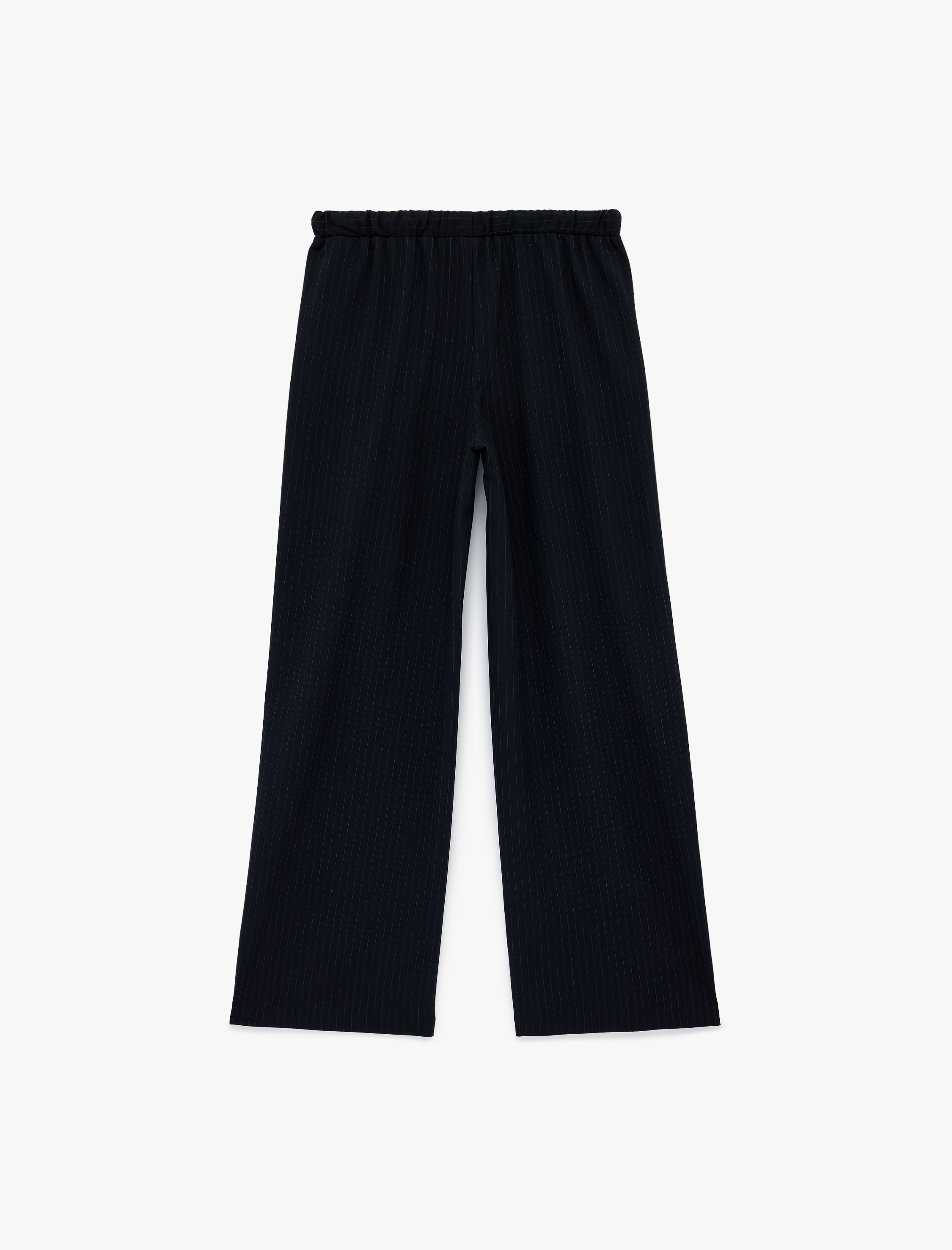   Beli Bağlamalı Cepli Çizgili Uzun Düz Geniş Paça Pantolon