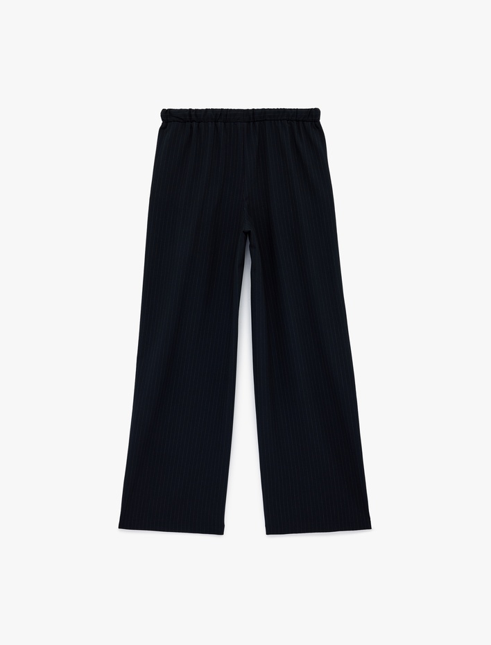  Beli Bağlamalı Cepli Çizgili Uzun Düz Geniş Paça Pantolon