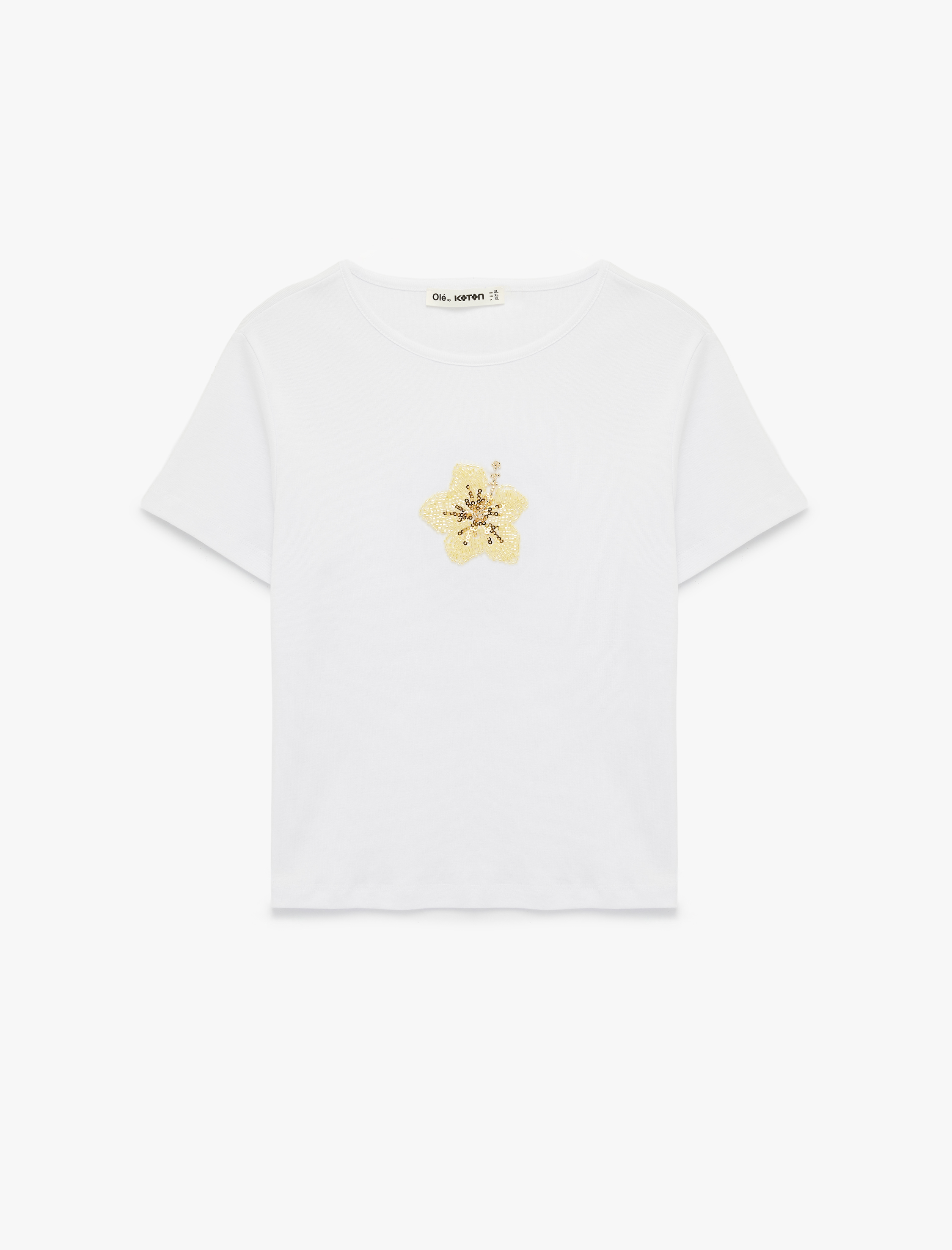   Slim Fit Çiçek İşlemeli Kısa Kollu Bisiklet Yaka Taşlı Tişört