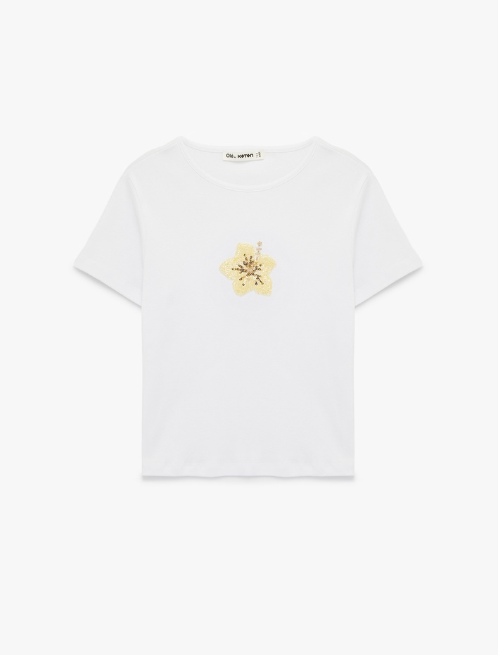  Slim Fit Çiçek İşlemeli Kısa Kollu Bisiklet Yaka Taşlı Tişört