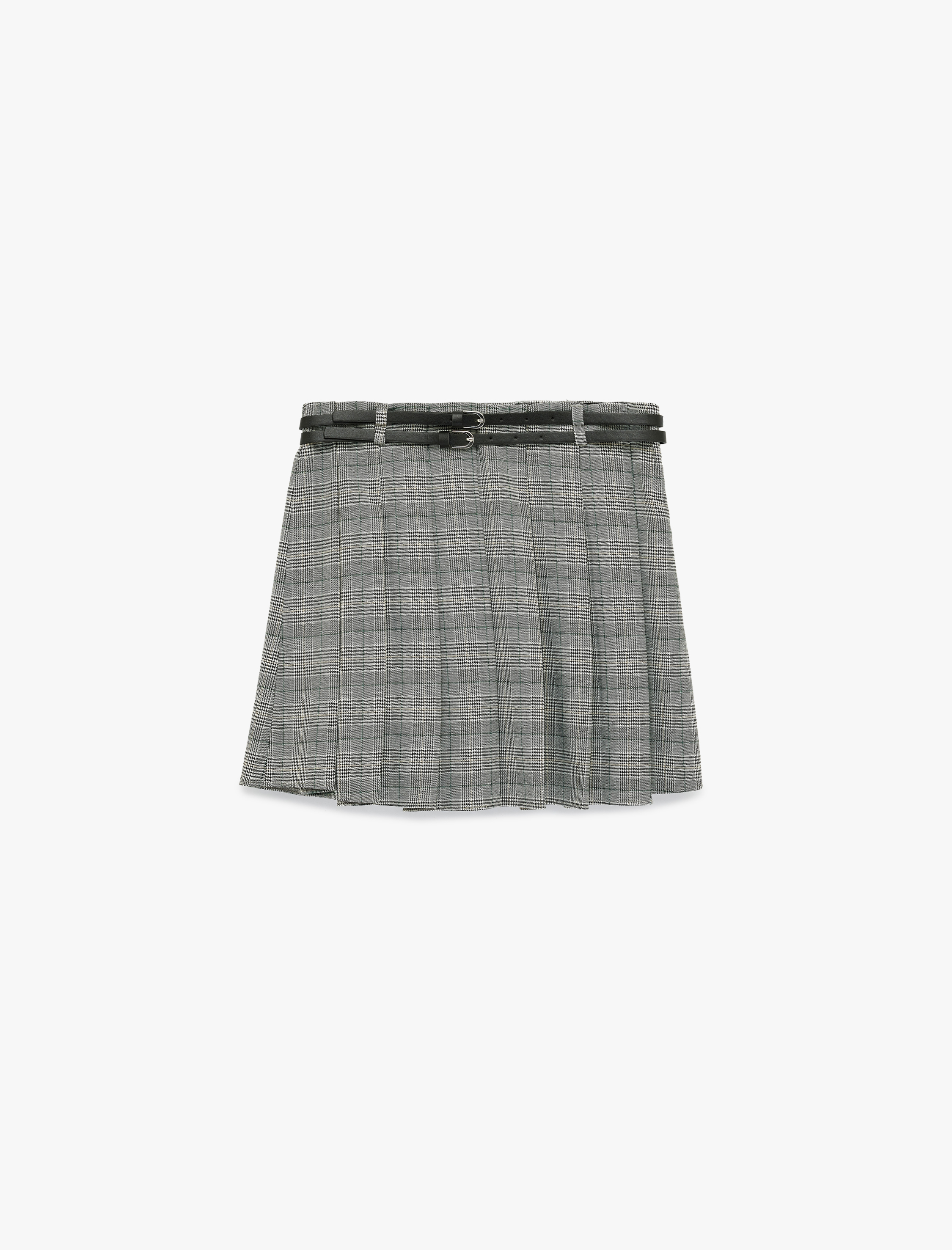   Kalın Pileli Kemer Detaylı Ekoseli Mini Etek