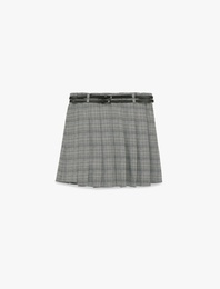 Kalın Pileli Kemer Detaylı Ekoseli Mini Etek