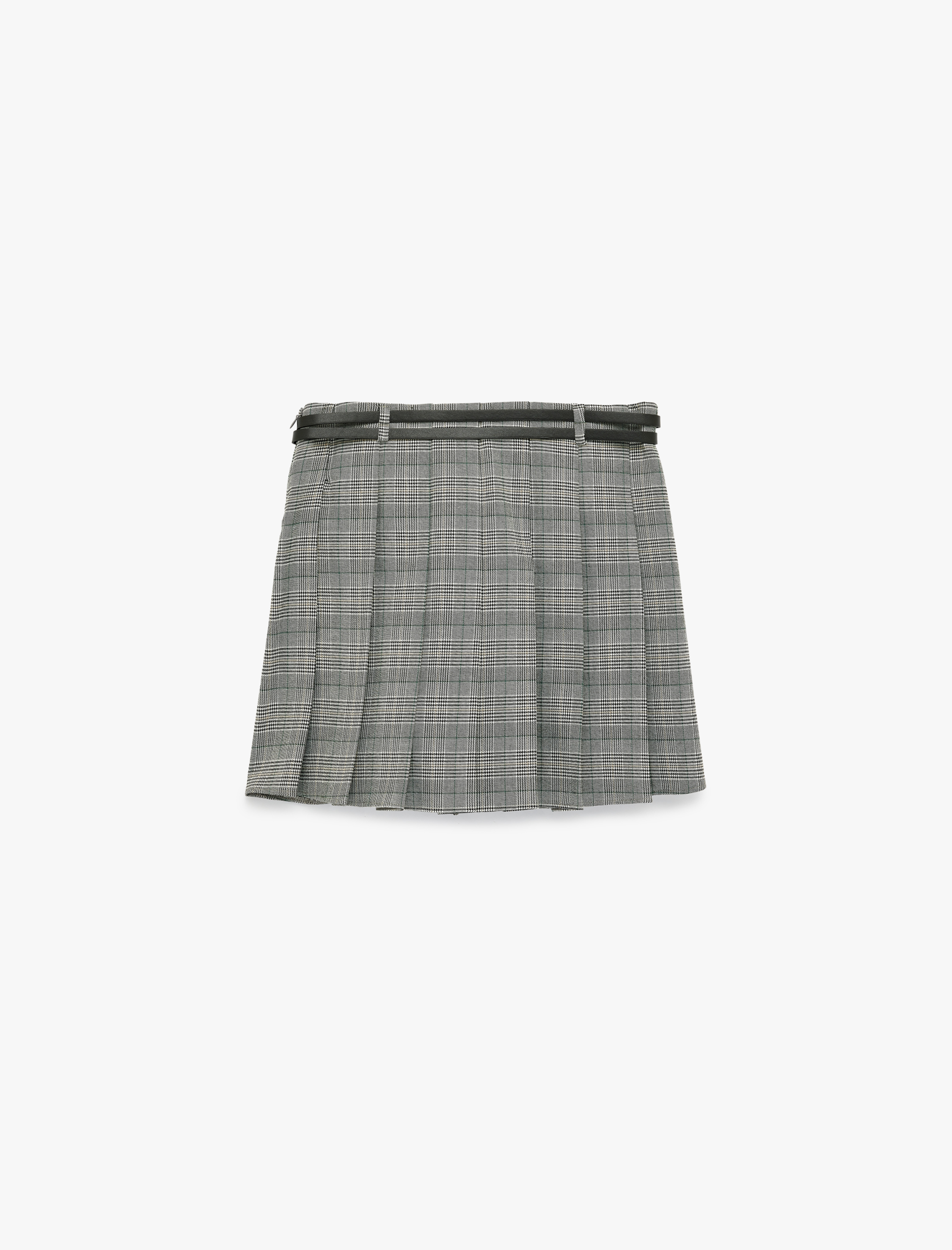   Kalın Pileli Kemer Detaylı Ekoseli Mini Etek