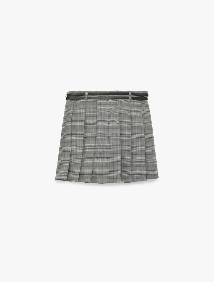  Kalın Pileli Kemer Detaylı Ekoseli Mini Etek