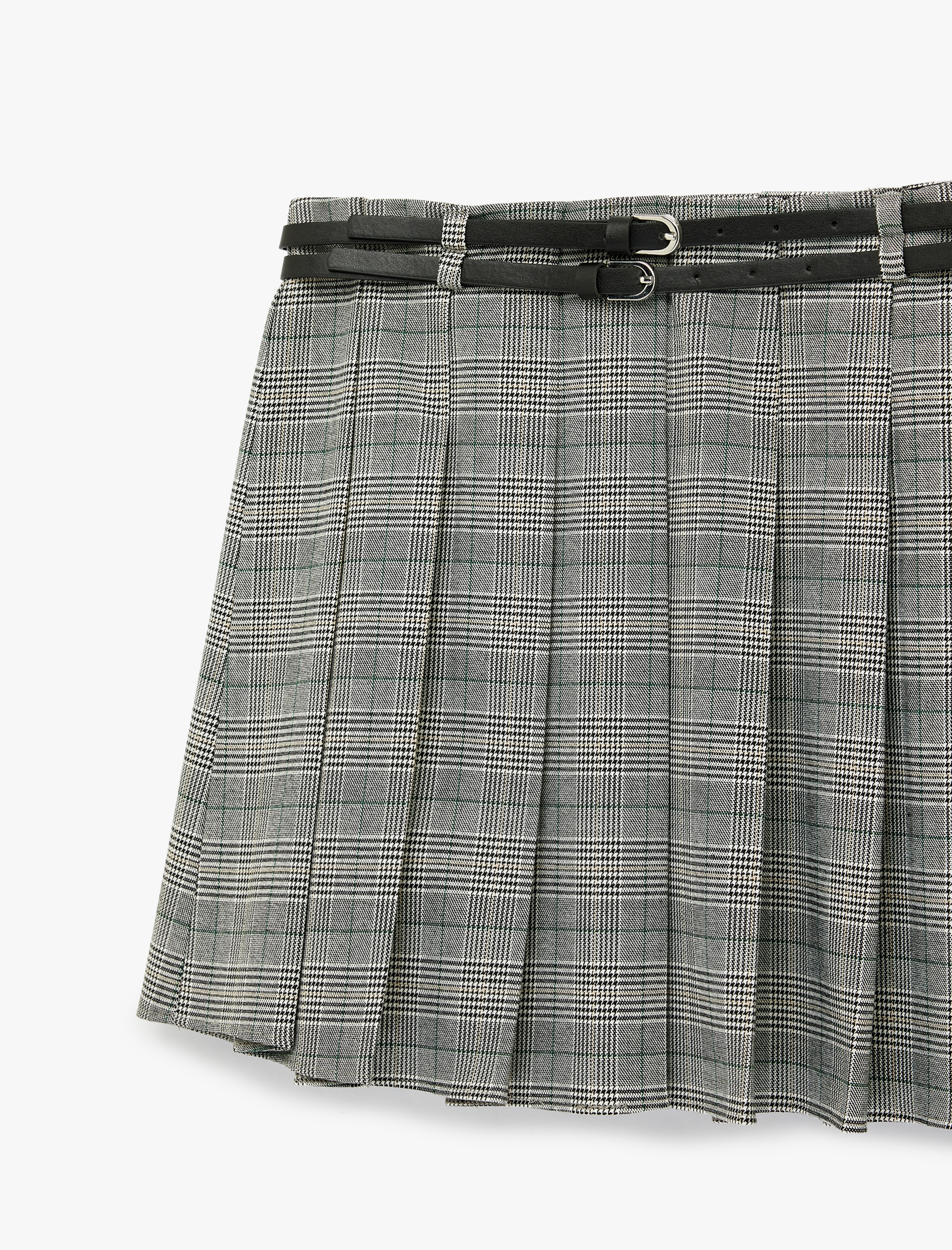   Kalın Pileli Kemer Detaylı Ekoseli Mini Etek