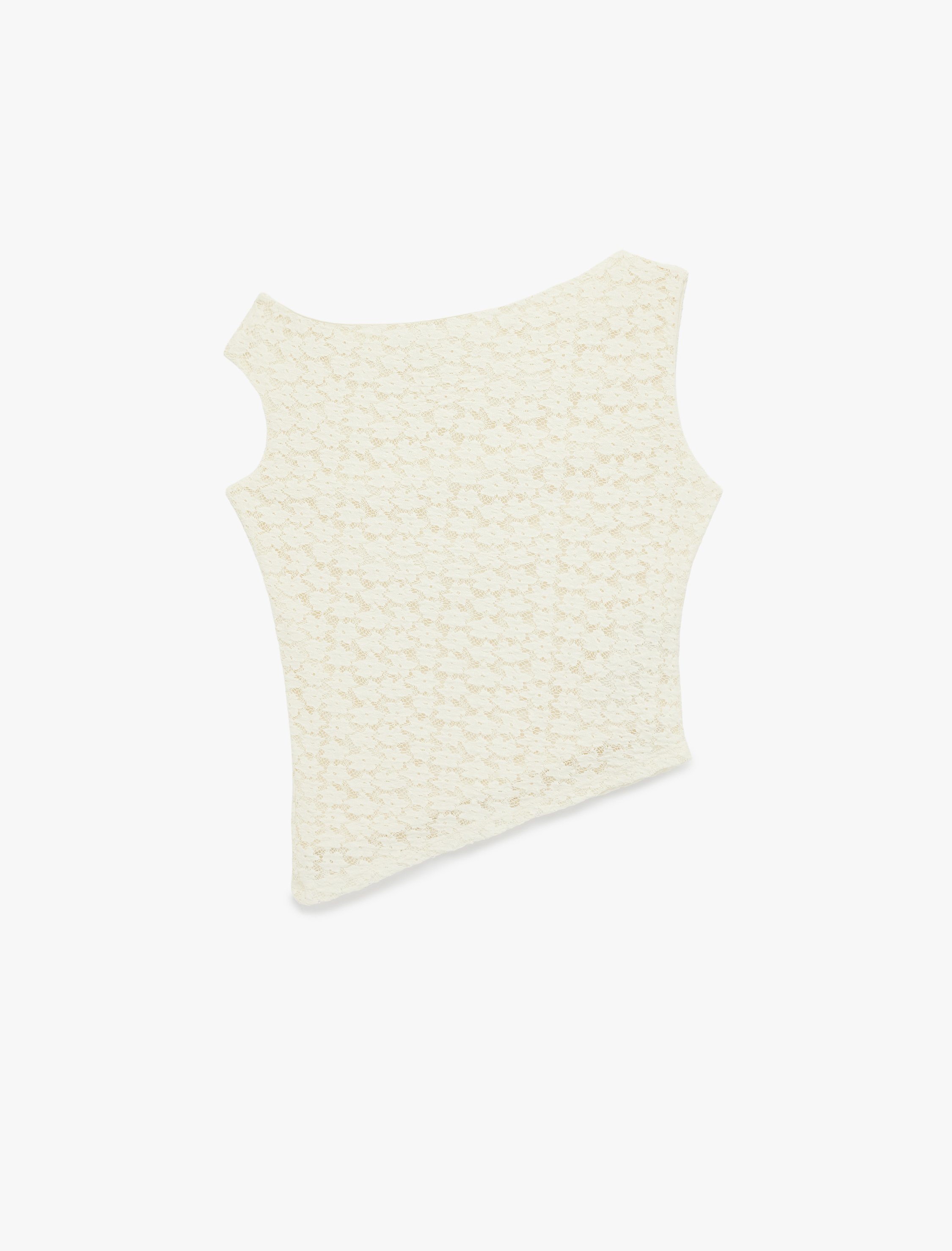   Slim Fit Asimetrik Kesim Kolsuz Kayık Yaka Dantel Bluz