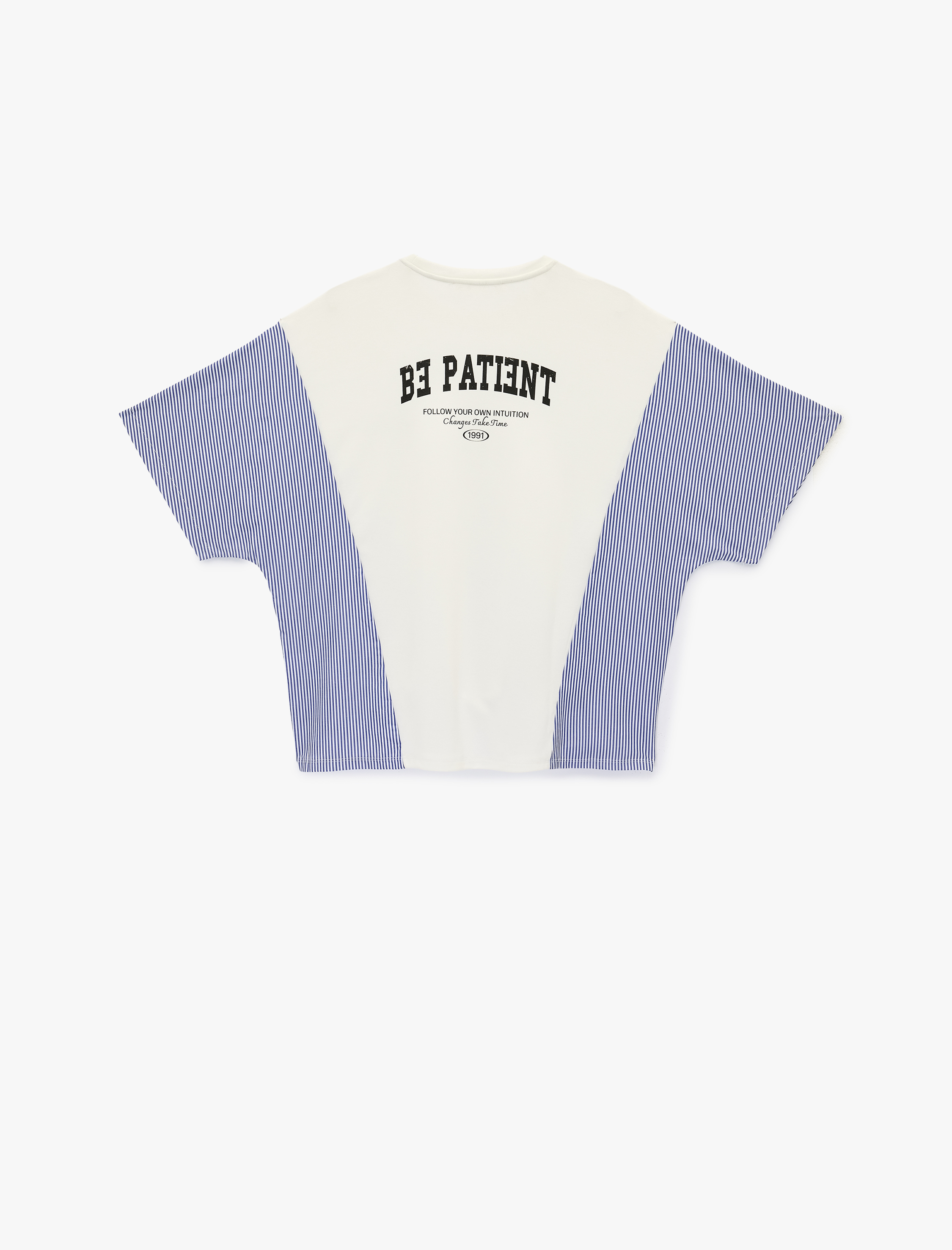   Kısa Kollu Bisiklet Yaka Arkası Baskılı Çizgili Tişört