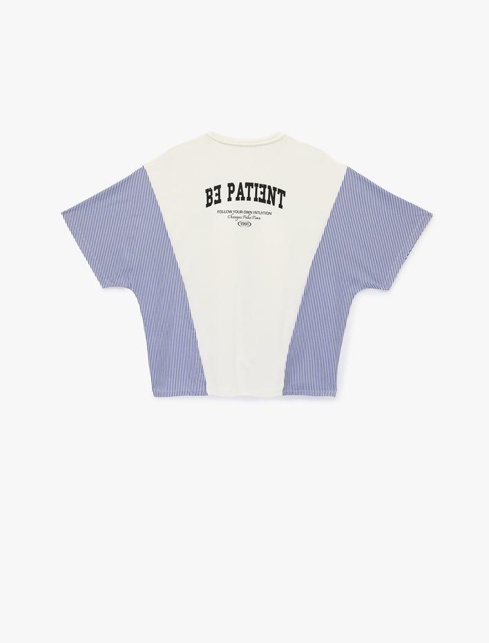  Kısa Kollu Bisiklet Yaka Arkası Baskılı Çizgili Tişört