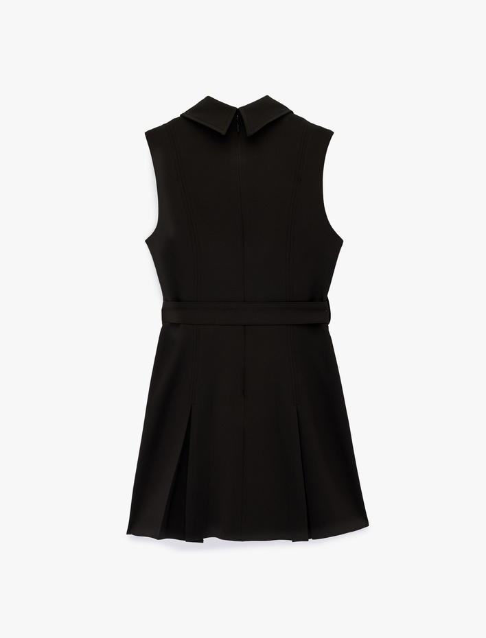  Düğmeli A Kesim Kolsuz Pileli Mini Gömlek Elbise