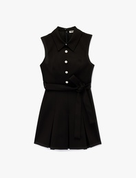 Düğmeli A Kesim Kolsuz Pileli Mini Gömlek Elbise