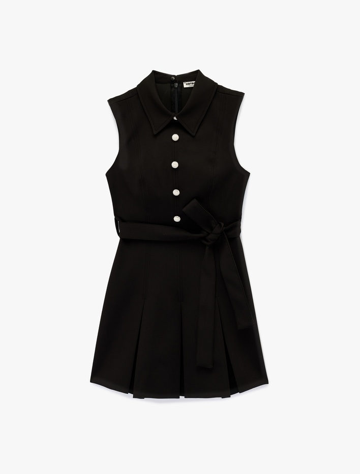  Düğmeli A Kesim Kolsuz Pileli Mini Gömlek Elbise