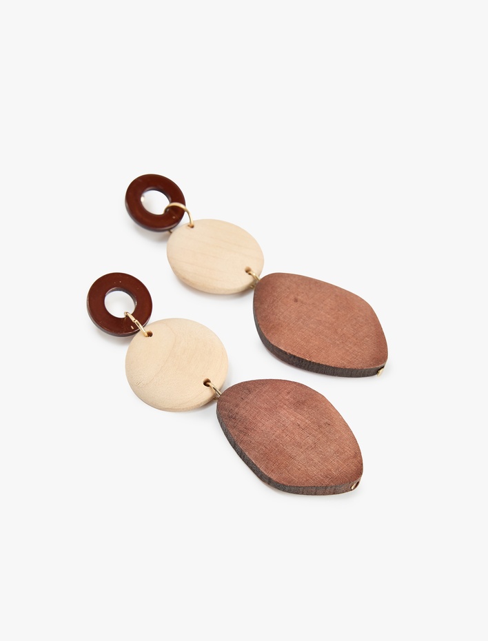 Kadın Büyük Boy Sallantılı Geometrik Ahşap Küpe