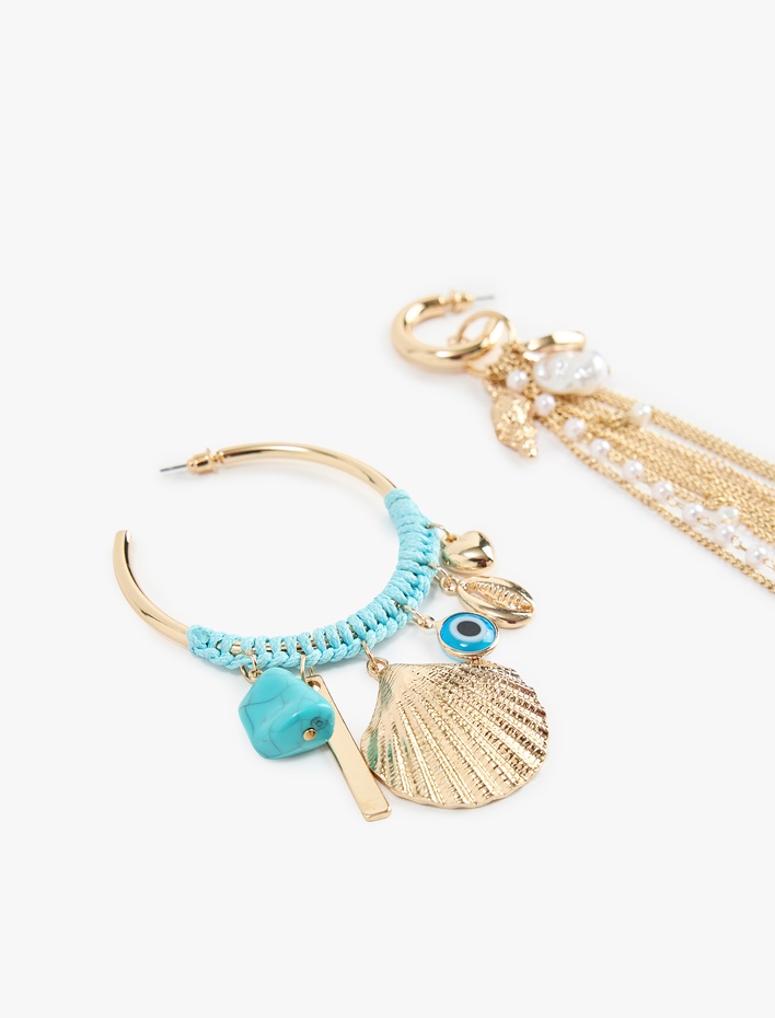 Kadın Sallantılı Zincirli Deniz Kabuklu Çelik Asimetrik Halka Küpe