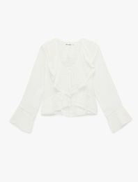 Viskon Karışımlı Volanlı V Yaka Uzun Kollu Bluz