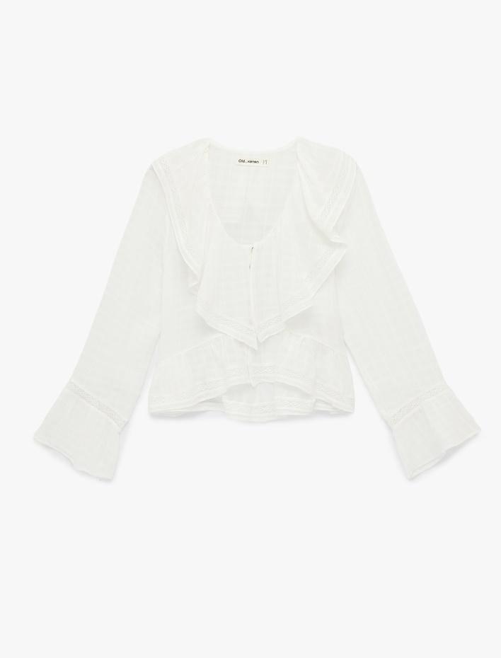  Viskon Karışımlı Volanlı V Yaka Uzun Kollu Bluz