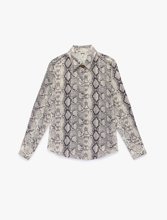  Regular Fit Uzun Kollu Yılan Baskı Desenli Saten Gömlek