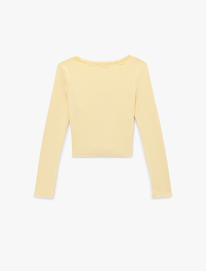  Dantel Detaylı Bağlamalı V Yaka Slim Fit Pamuklu Uzun Kollu Tişört