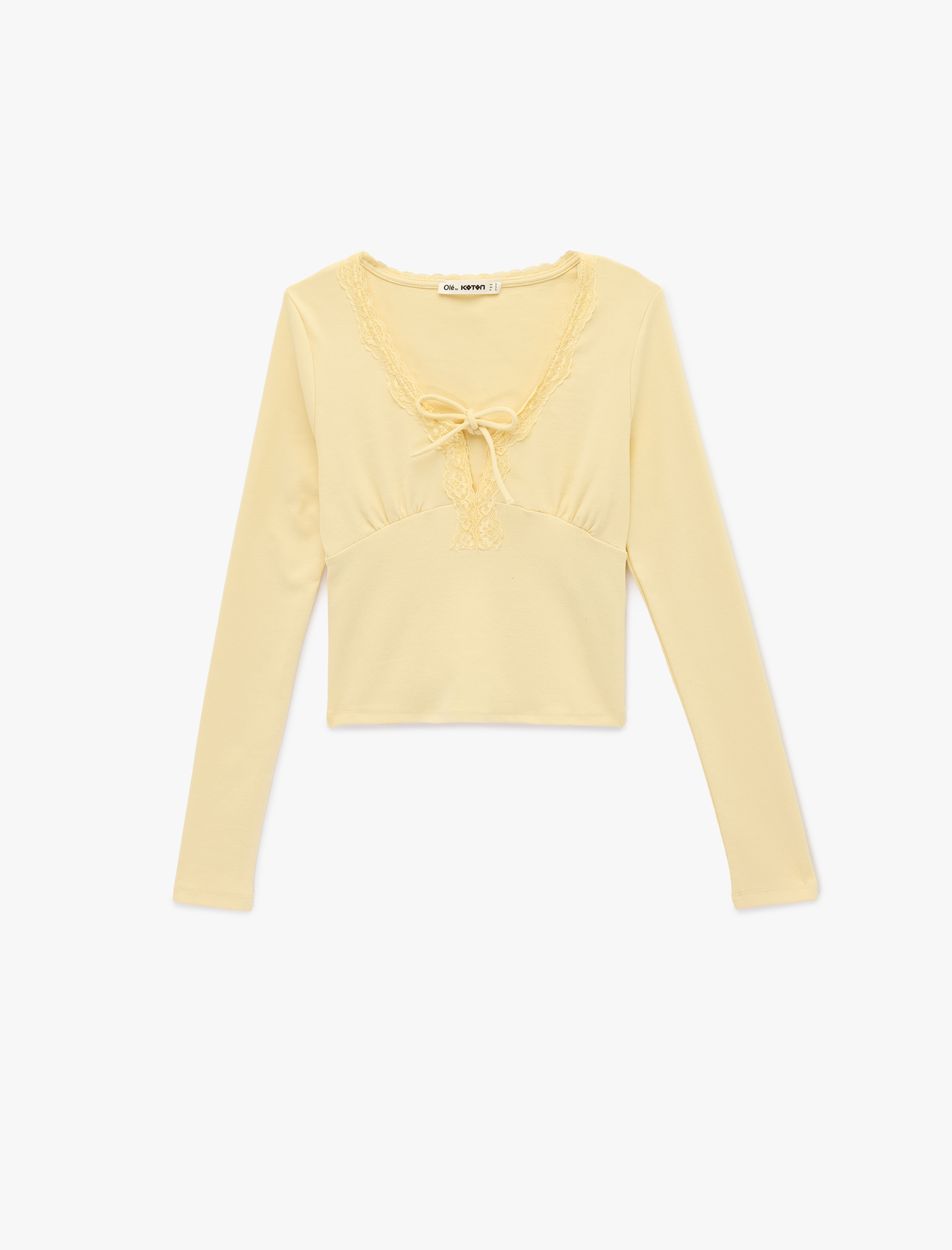   Dantel Detaylı Bağlamalı V Yaka Slim Fit Pamuklu Uzun Kollu Tişört