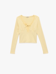 Dantel Detaylı Bağlamalı V Yaka Slim Fit Pamuklu Uzun Kollu Tişört