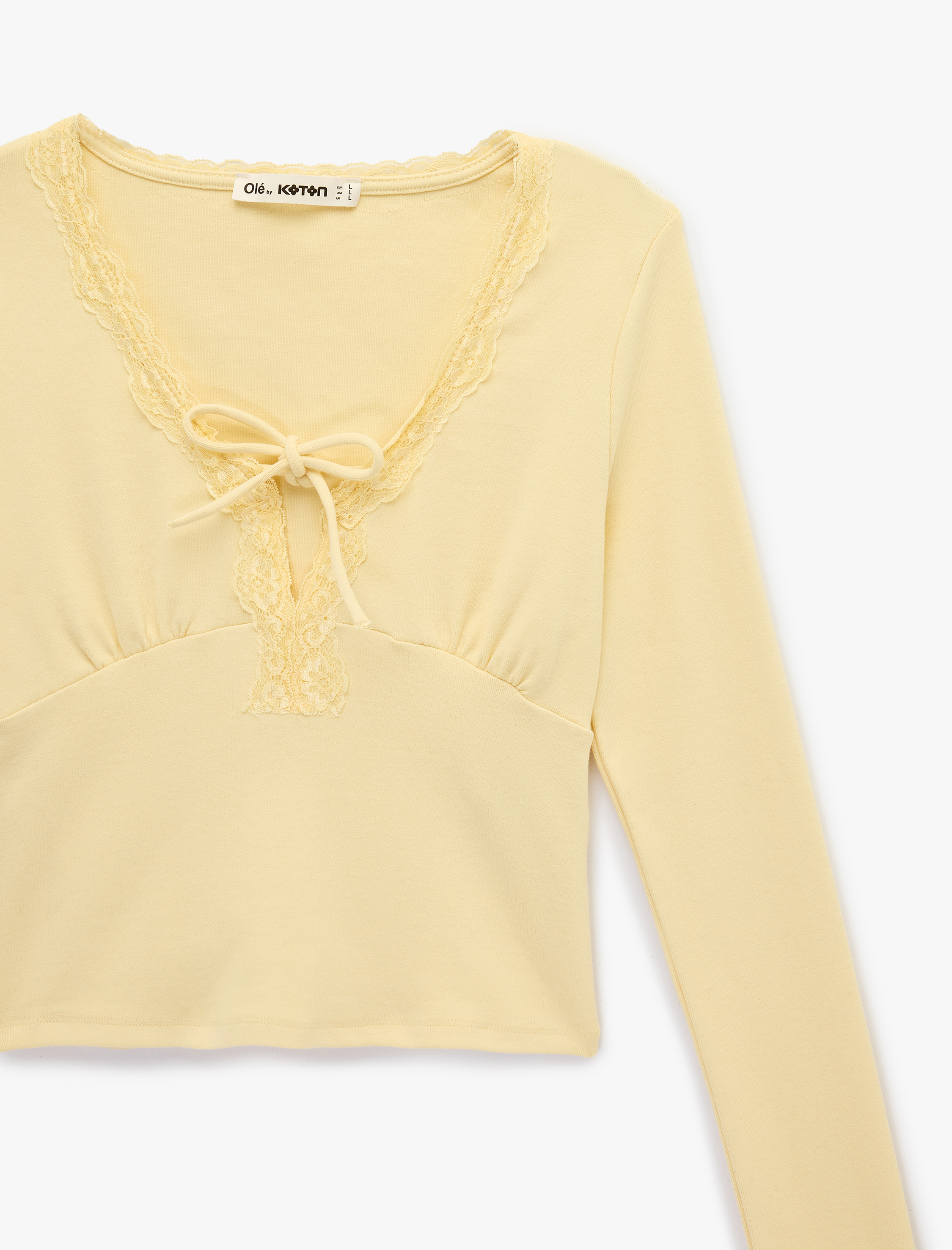   Dantel Detaylı Bağlamalı V Yaka Slim Fit Pamuklu Uzun Kollu Tişört