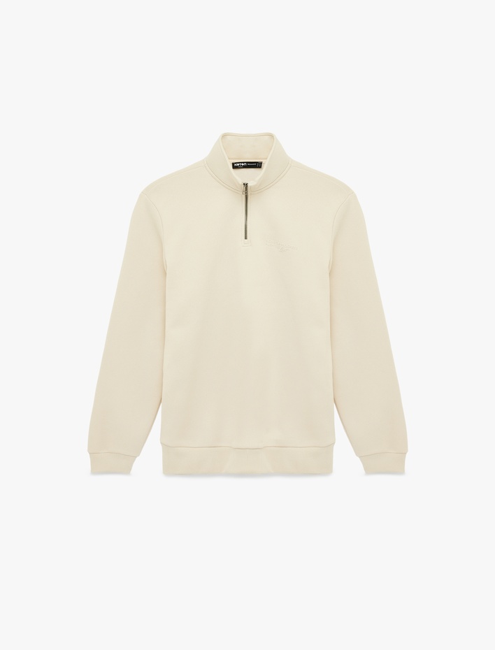  Regular Fit Uzun Kollu Şardonlu Dik Yaka Basic Yarım Fermuarlı Sweatshirt