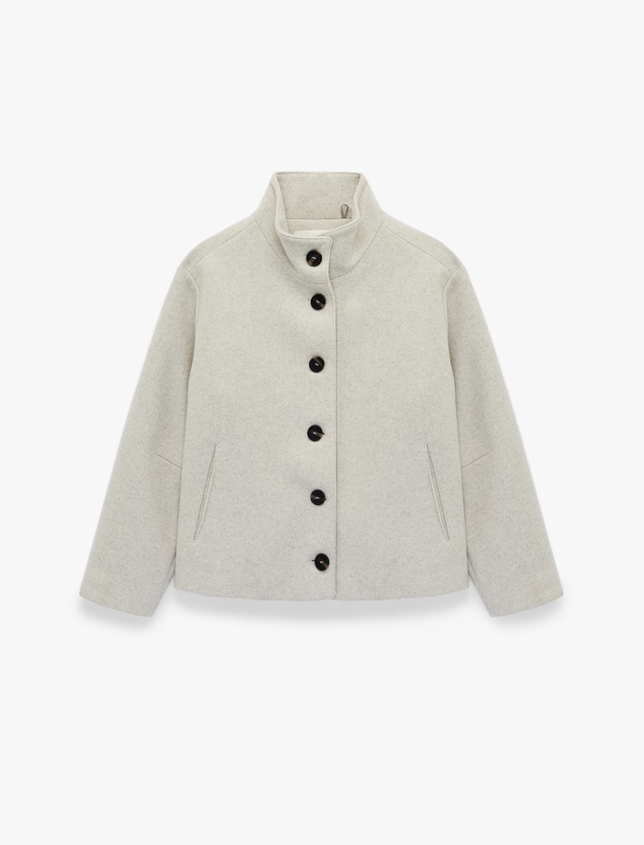  Düğmeli Dik Yaka Uzun Kollu Oversize Kaşe Kaban