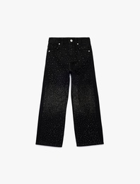 Pamuklu Cepli Taş Detaylı Geniş Paça Denim Pantolon