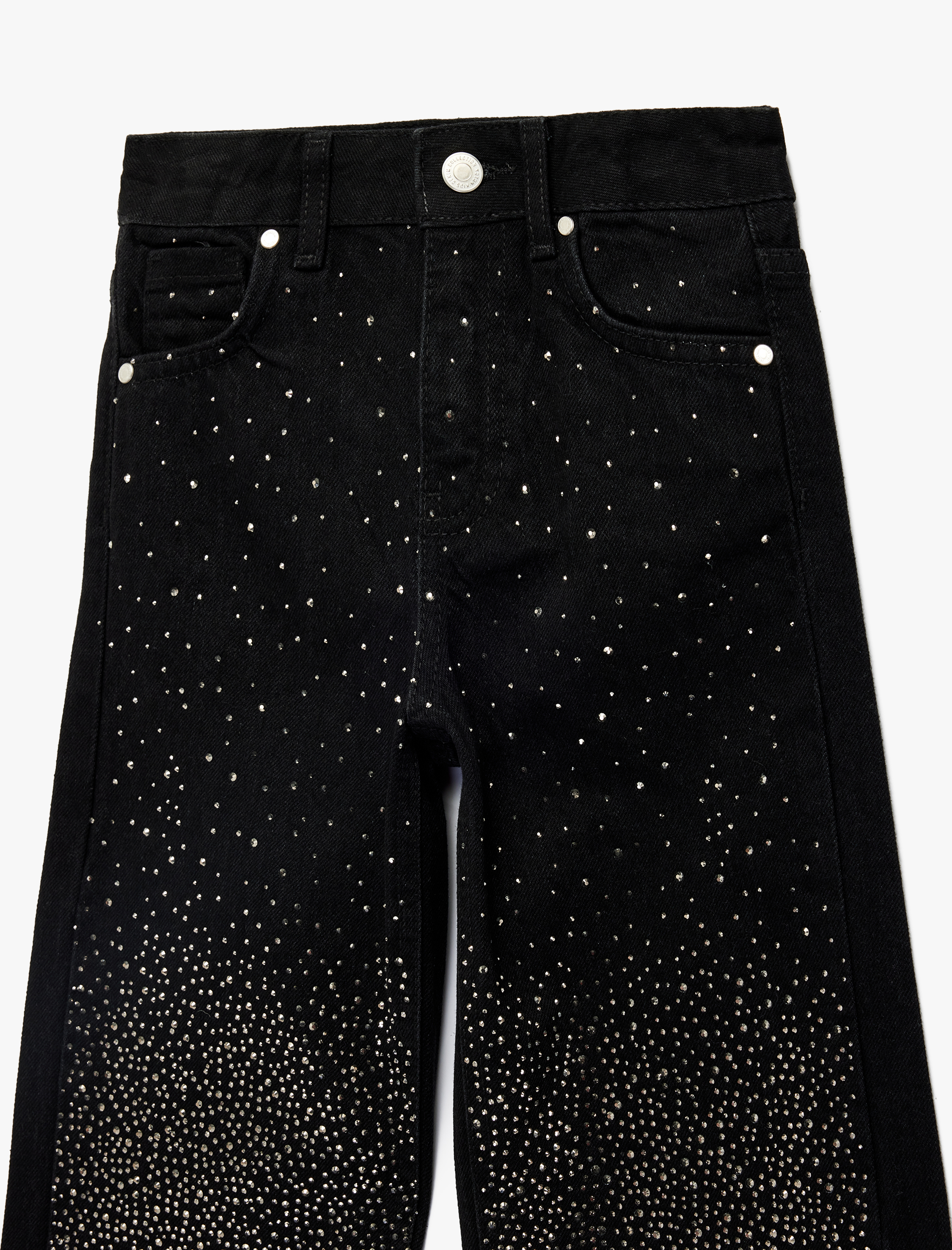  Kız Çocuk Pamuklu Cepli Taş Detaylı Geniş Paça Denim Pantolon