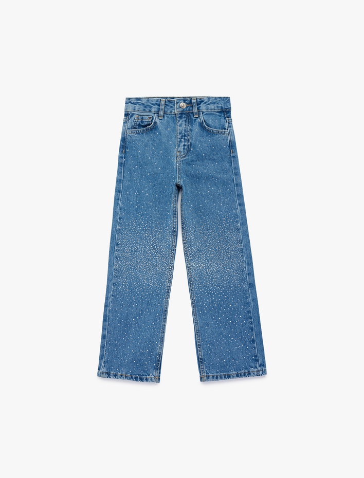 Kız Çocuk Pamuklu Cepli Normal Bel Loose Fit Geniş Paça Jean Pantolon