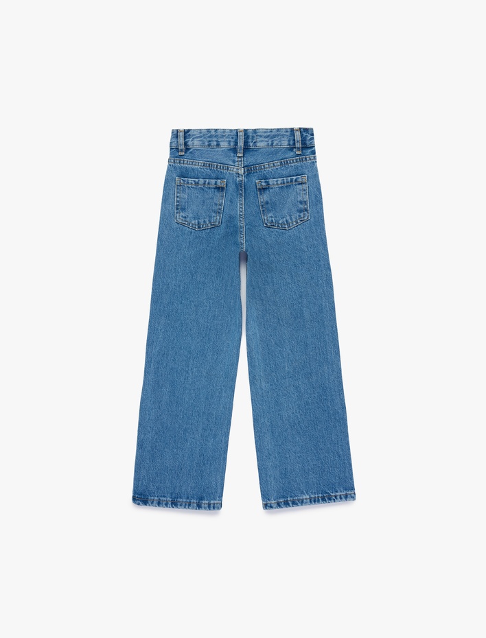 Kız Çocuk Pamuklu Cepli Normal Bel Loose Fit Geniş Paça Jean Pantolon