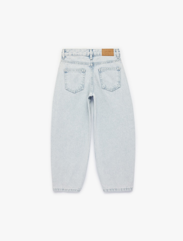 Kız Çocuk Pamuklu Yüksek Bel Çiçek İşlemeli Loose Fit Jean Pantolon