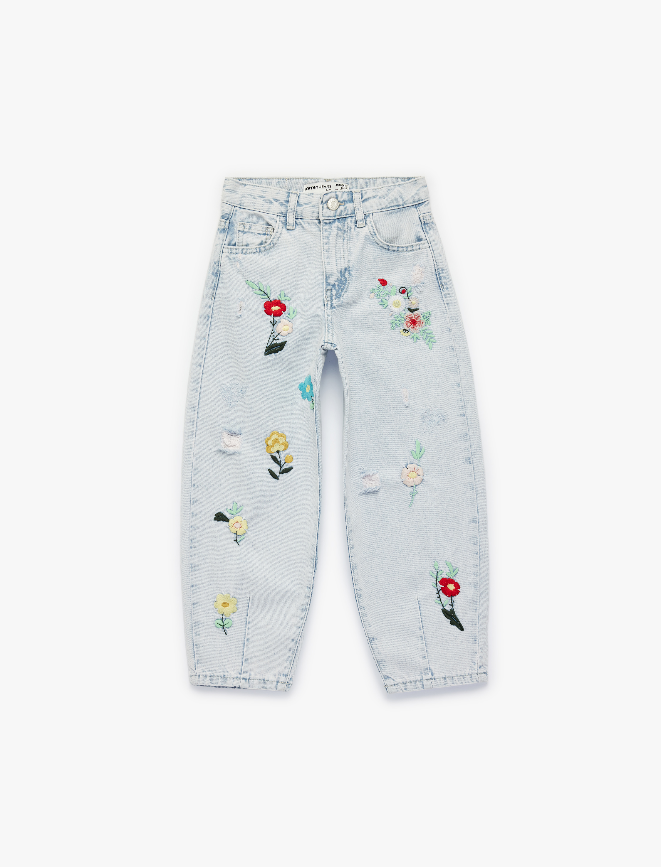  Kız Çocuk Pamuklu Yüksek Bel Çiçek İşlemeli Loose Fit Jean Pantolon