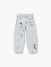 Pamuklu Yüksek Bel Çiçek İşlemeli Loose Fit Jean Pantolon