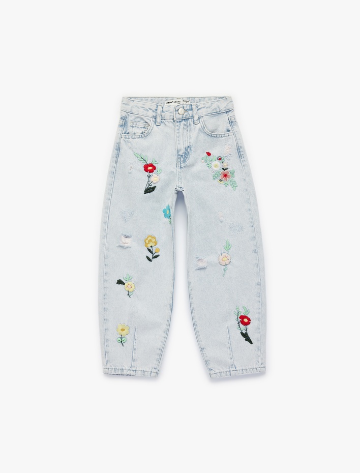 Kız Çocuk Pamuklu Yüksek Bel Çiçek İşlemeli Loose Fit Jean Pantolon