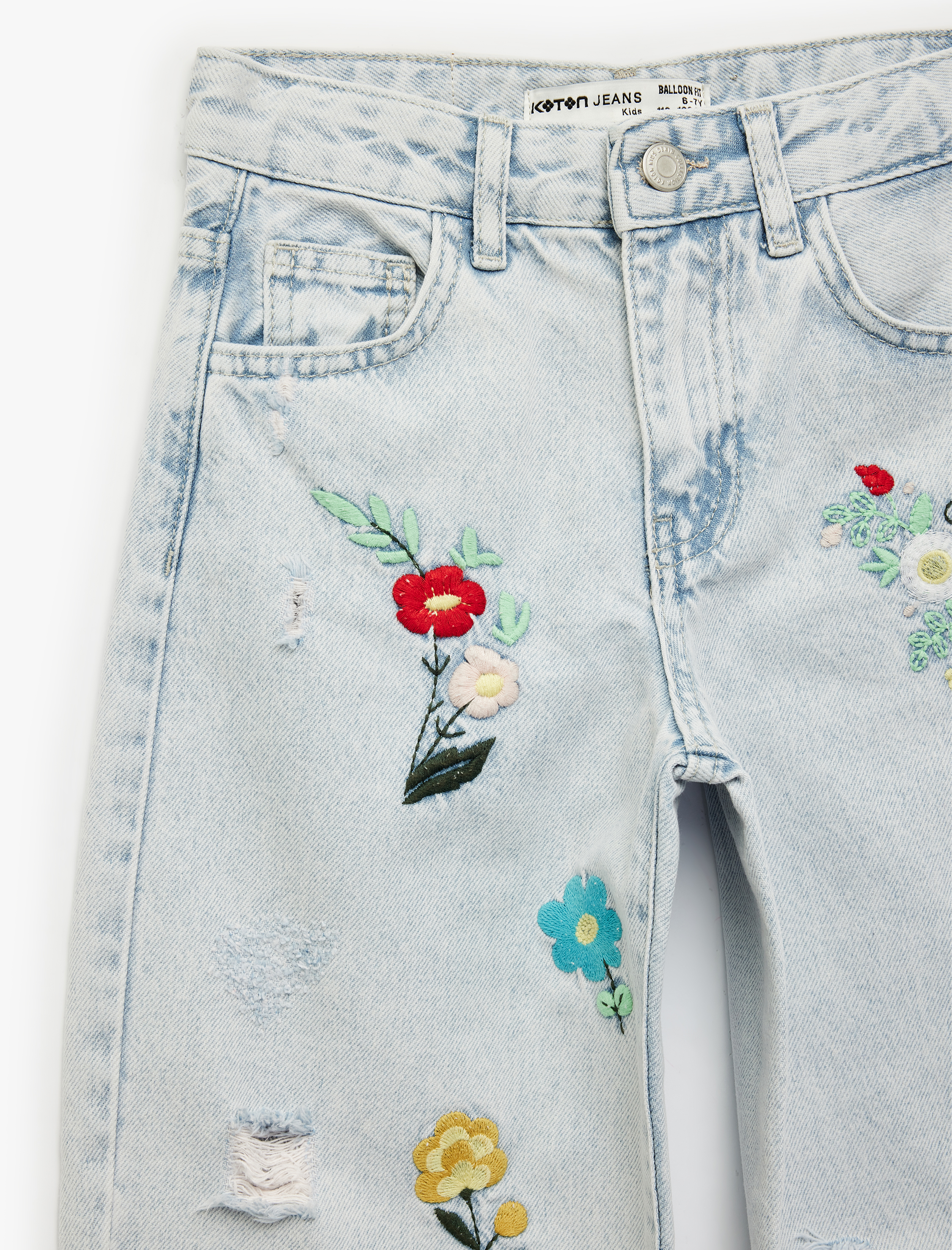  Kız Çocuk Pamuklu Yüksek Bel Çiçek İşlemeli Loose Fit Jean Pantolon