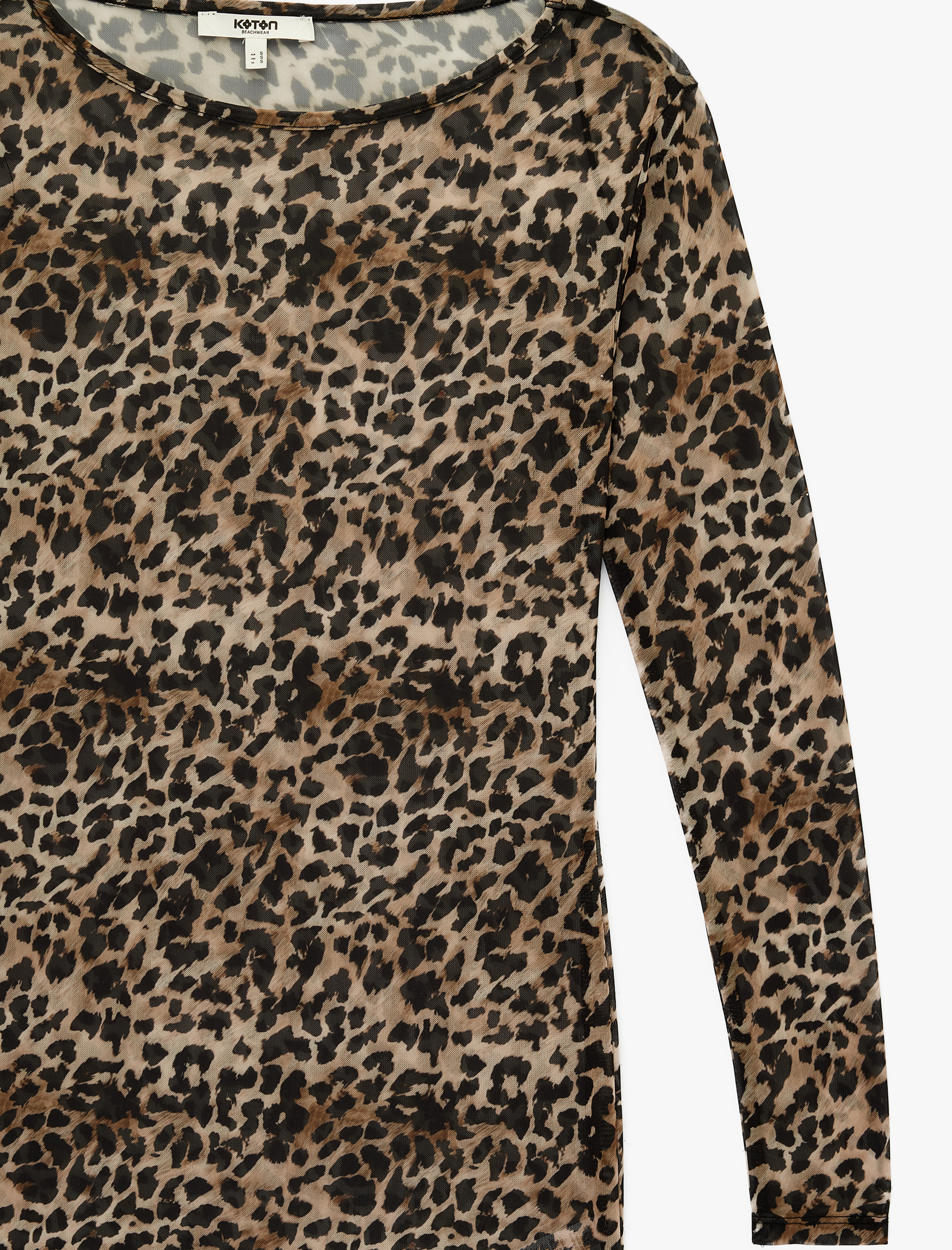   Uzun Kollu Bisiklet Yaka Leopar Desenli Mini Tül Plaj Elbisesi