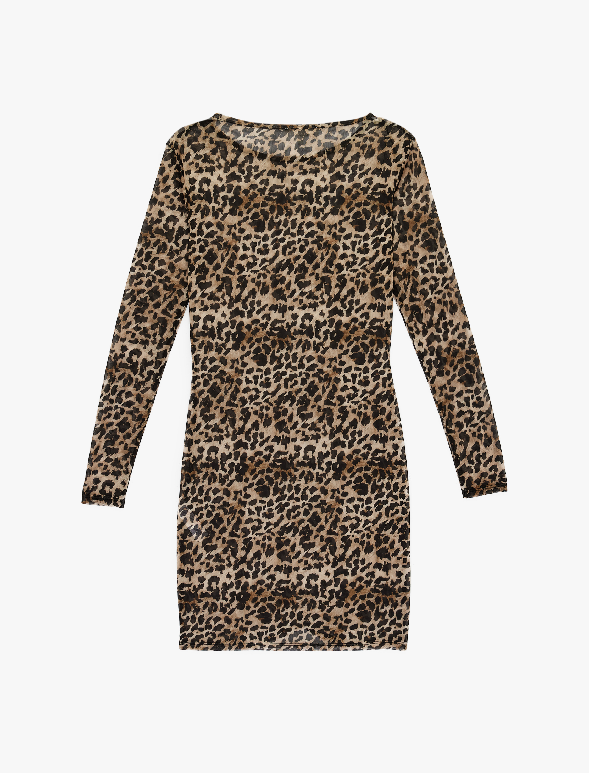   Uzun Kollu Bisiklet Yaka Leopar Desenli Mini Tül Plaj Elbisesi
