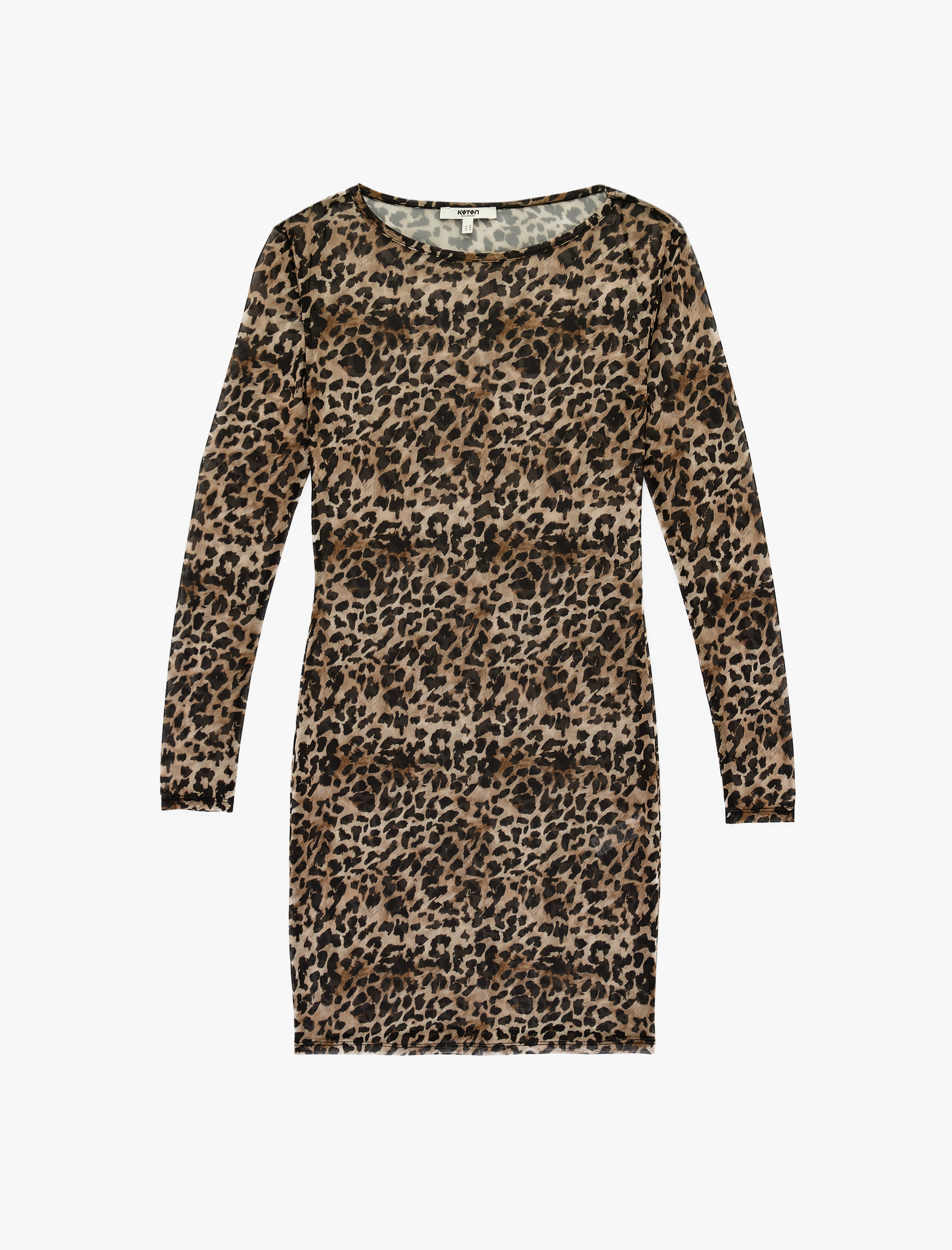   Uzun Kollu Bisiklet Yaka Leopar Desenli Mini Tül Plaj Elbisesi