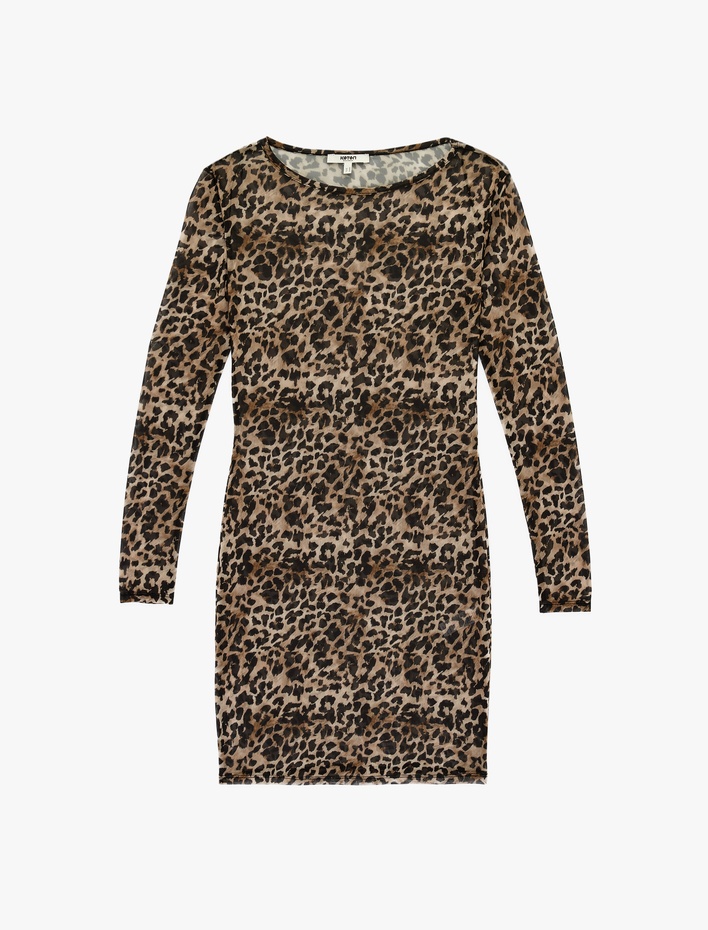  Uzun Kollu Bisiklet Yaka Leopar Desenli Mini Tül Plaj Elbisesi